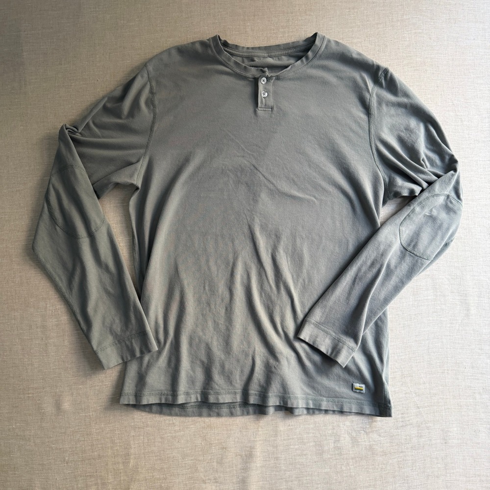 Vuori Henley Long Sleeve Elbow Patch Shirt Green Grey Cotton Gorpcore L